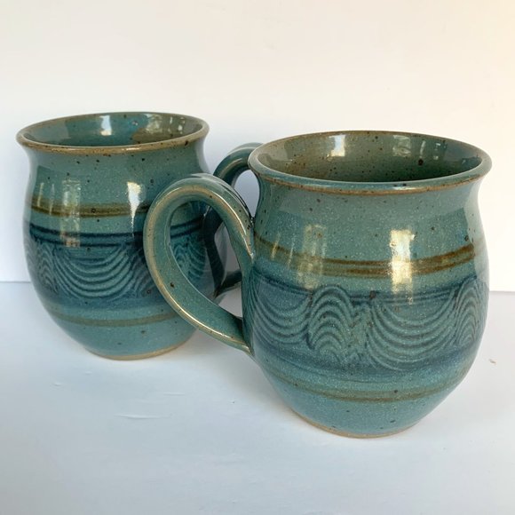 2 Hand Thrown Studio Art Pottery Mugs Blue Artisan Handcrafted Signed - Picture 1 of 13